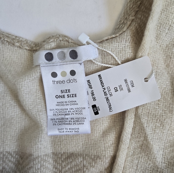 NWT Three Dots Poncho Wrap shawl One Size Neutral Miranda Plaid Cashmere wool - Picture 2 of 7